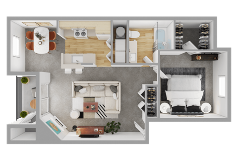 the bedroom floor of a two bedroom apartment with a bathroom and a living room